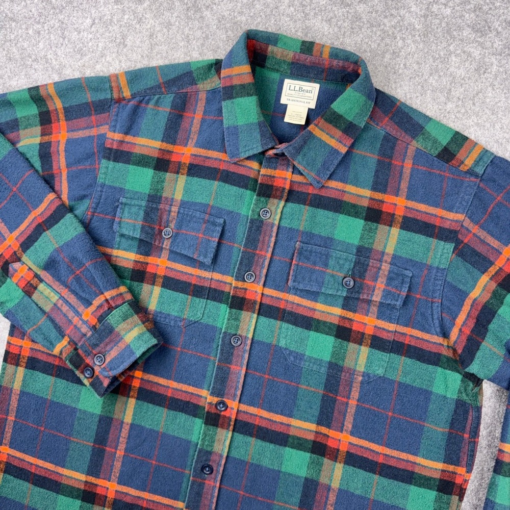 LL Bean Flannel Shirt Mens Large Green Plaid Traditional Fit Chamois Cloth Work